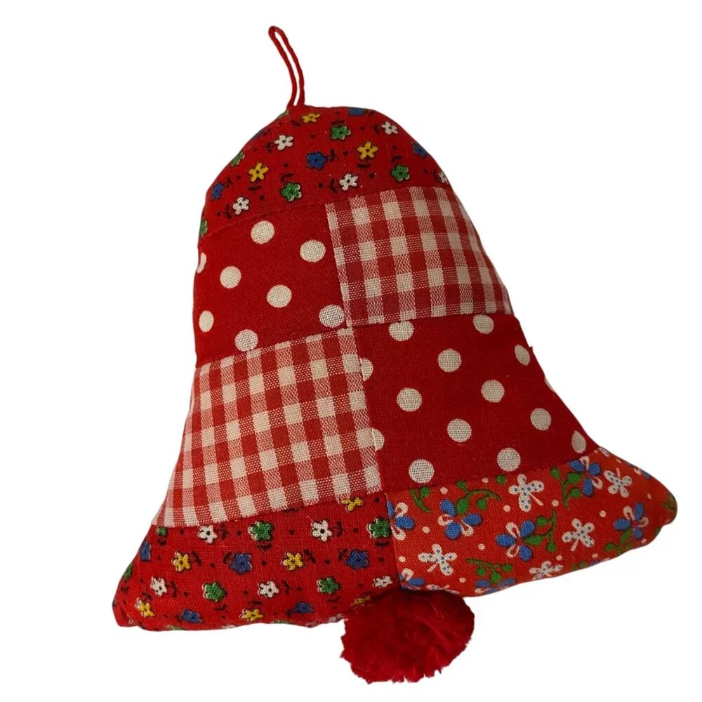 Handcrafted Red Patchwork Christmas Decoration Set Plush Tree Bell Wreath Rustic